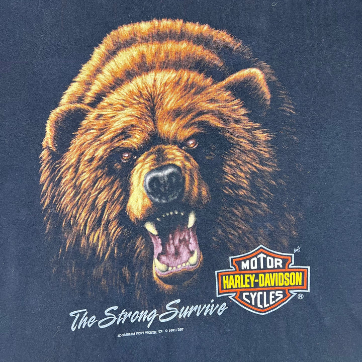 Vintage 1991 Harley-Davidson 3D Emblem Grizzly Bear The Strong Survive Single Stitch T-shirt Black Rare