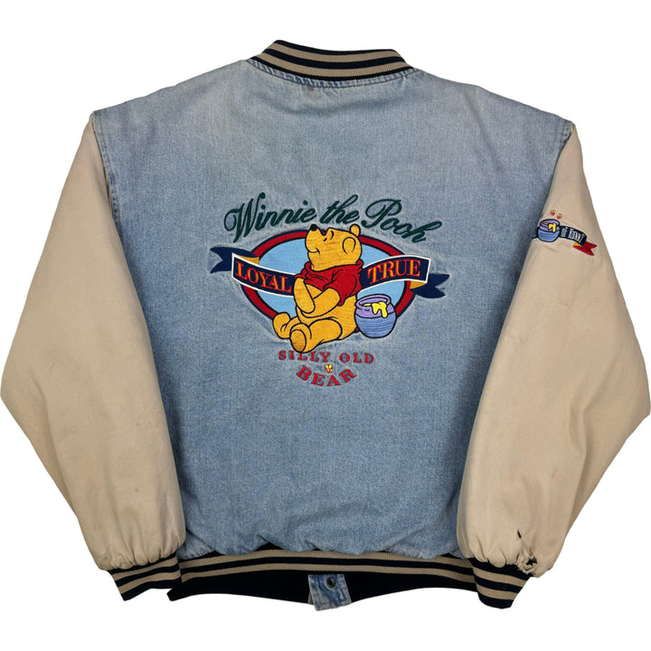 Vintage 90's Disney Winnie the Pooh Denim Varsity Jacket Beige Rare