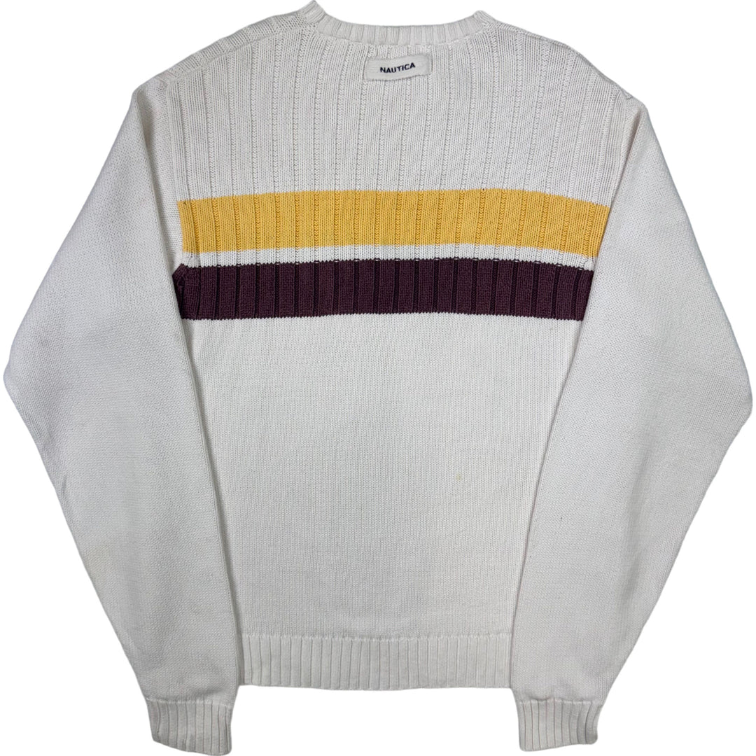 Nautica Striped Roundneck Knit Sweater White Yellow Brown