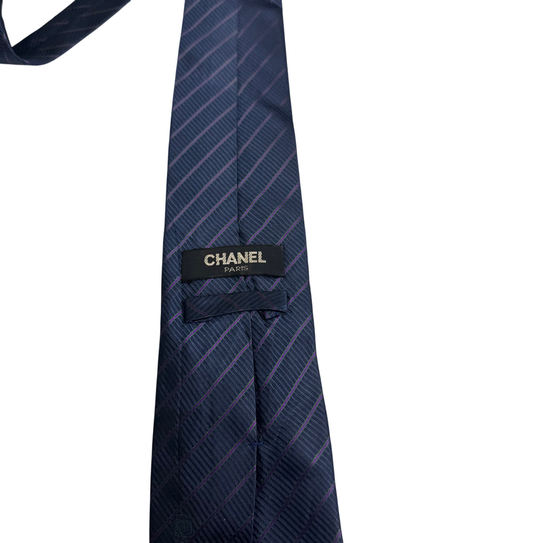 Chanel Striped Silk Tie Navy