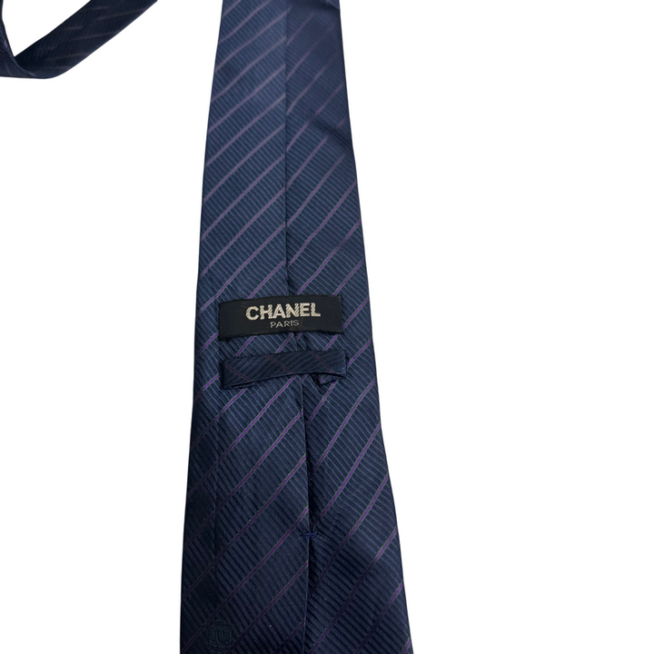 Chanel Striped Silk Tie Navy
