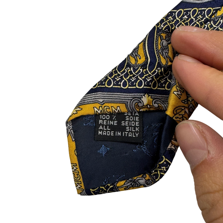MCM Vintage Silk Patterned Tie Navy Yellow