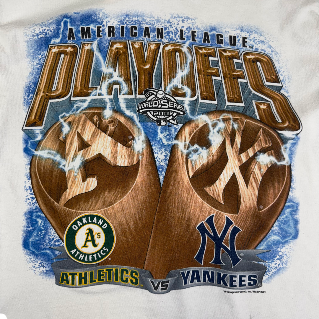 Vintage Lee Sport 2001 MLB Athletics Yankees Playoffs Graphic T-Shirt White