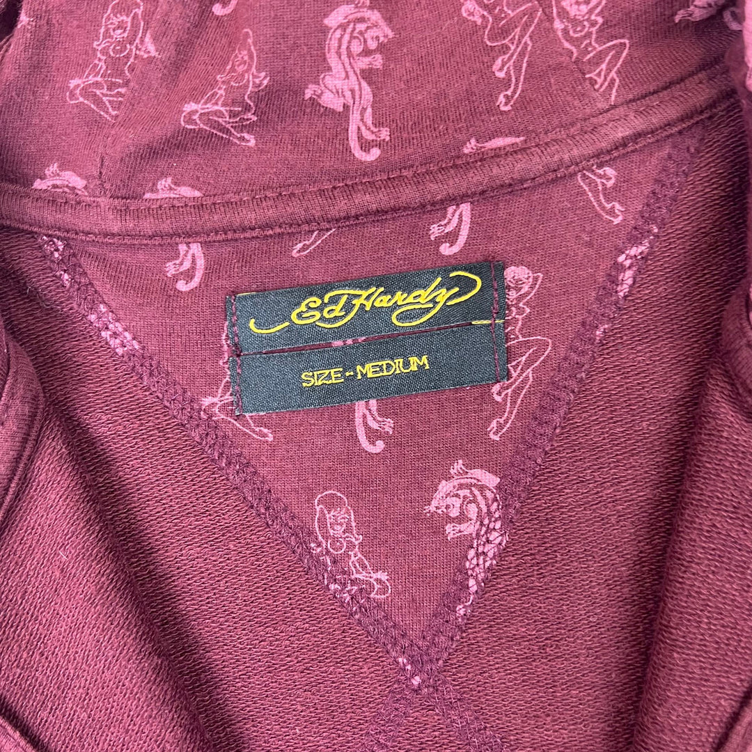 Ed Hardy Embroidered Logo Zip-Up Hoodie Maroon