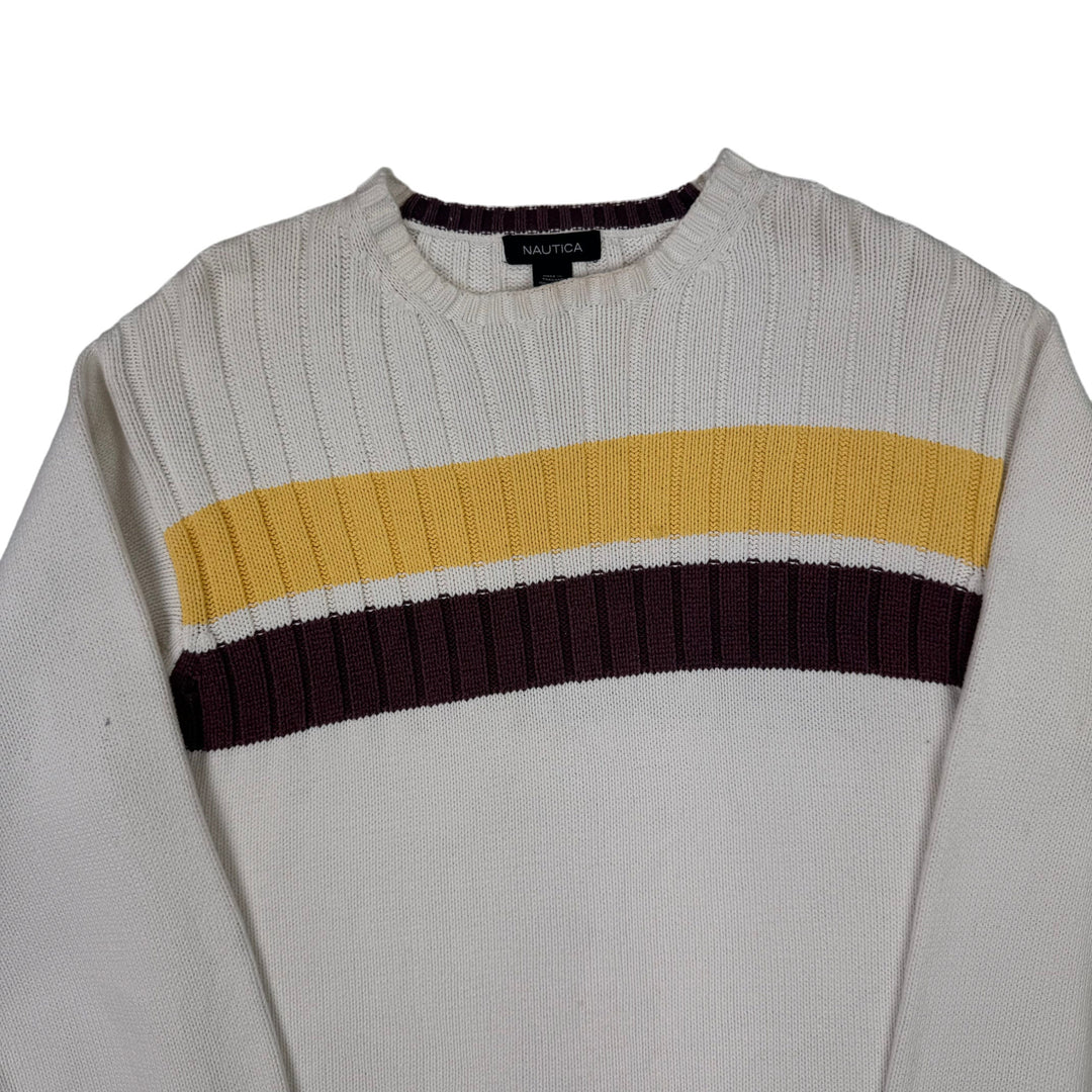 Nautica Striped Roundneck Knit Sweater White Yellow Brown