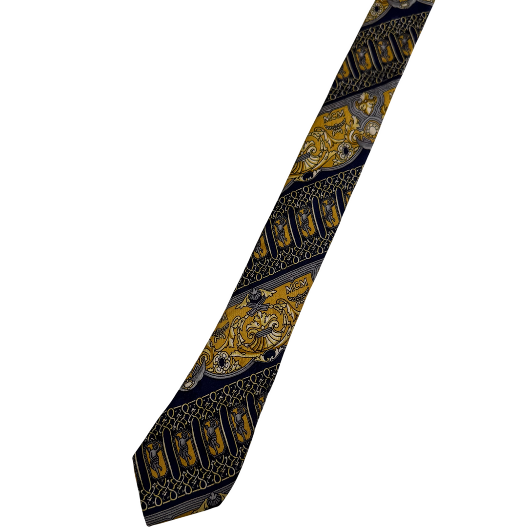 MCM Vintage Silk Patterned Tie Navy Yellow