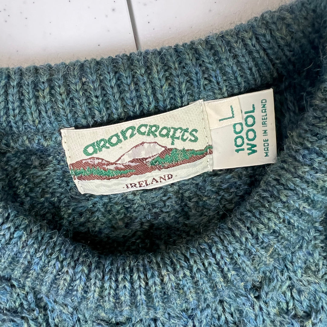 Vintage Aran Crafts 80s Cable Knit Wool Sweater Green