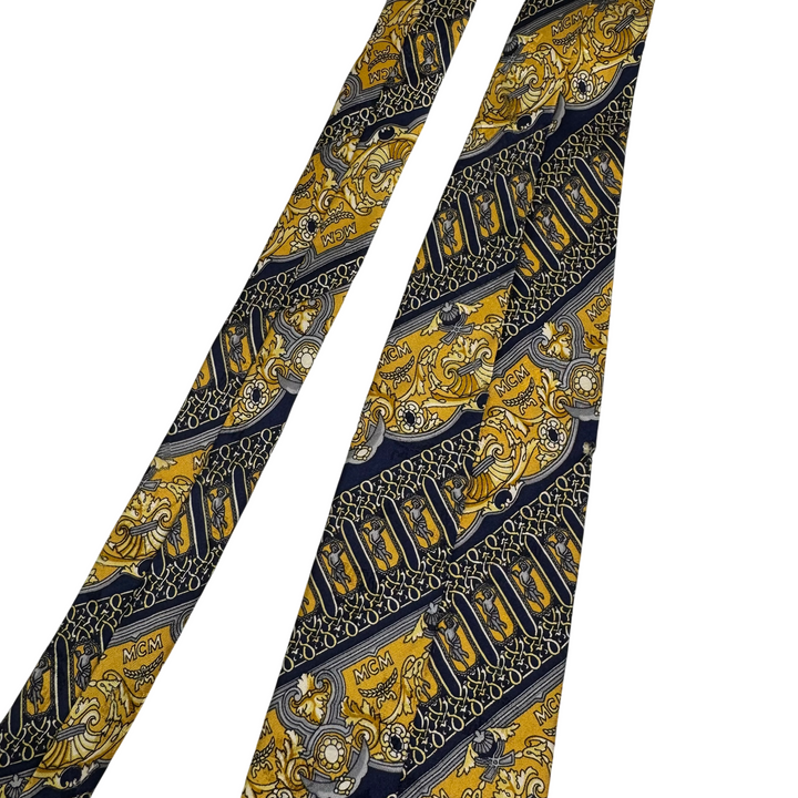 MCM Vintage Silk Patterned Tie Navy Yellow