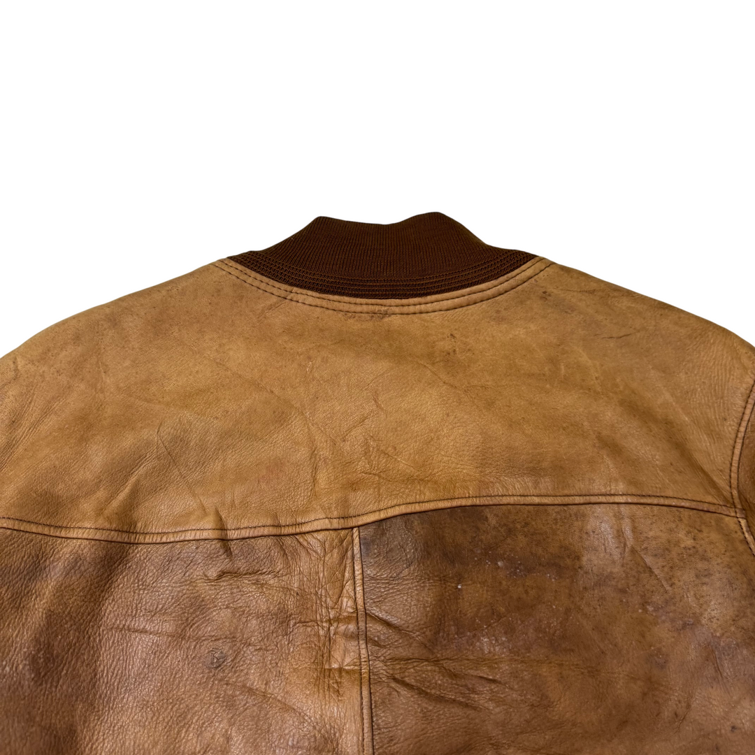 Pielini 90's Leather Button Up Bomber Jacket Brown