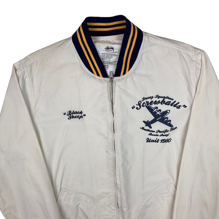 Stussy Squadron "Screwballs" Varsity Bomber Jacket Cream