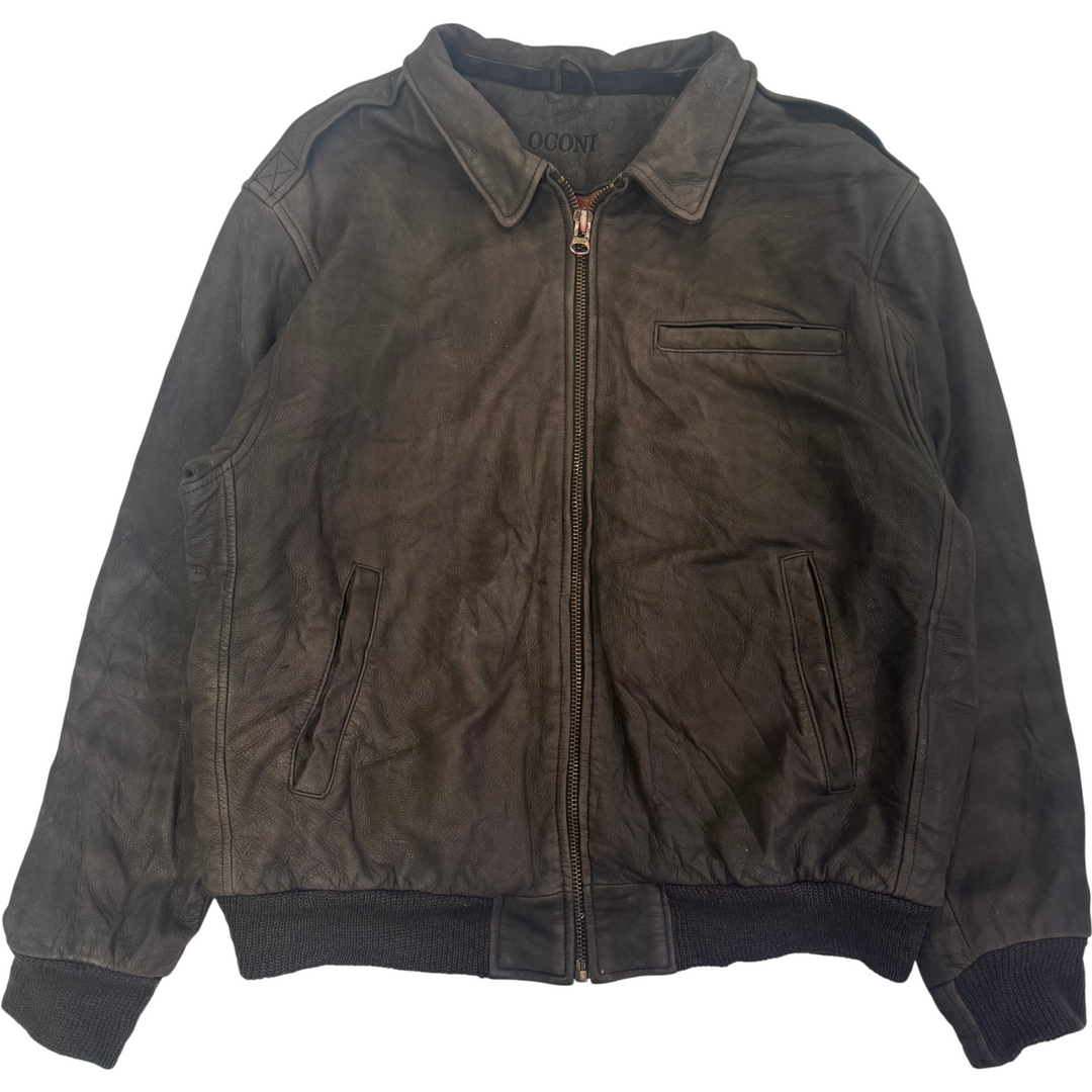 Oconi Leather Bomber Full-Zip Lined Jacket Brown