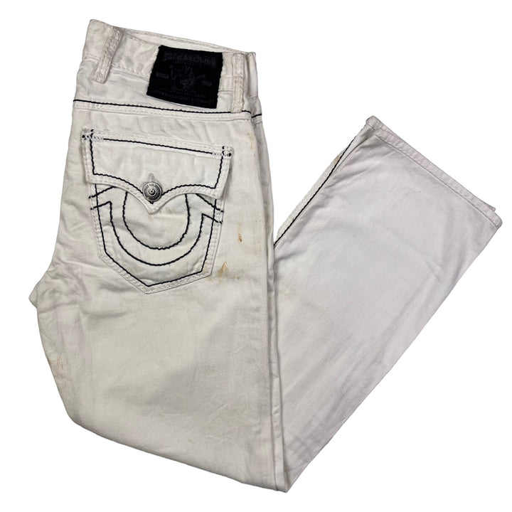 True Religion White with Black Outer Stitching Embroidered Jeans