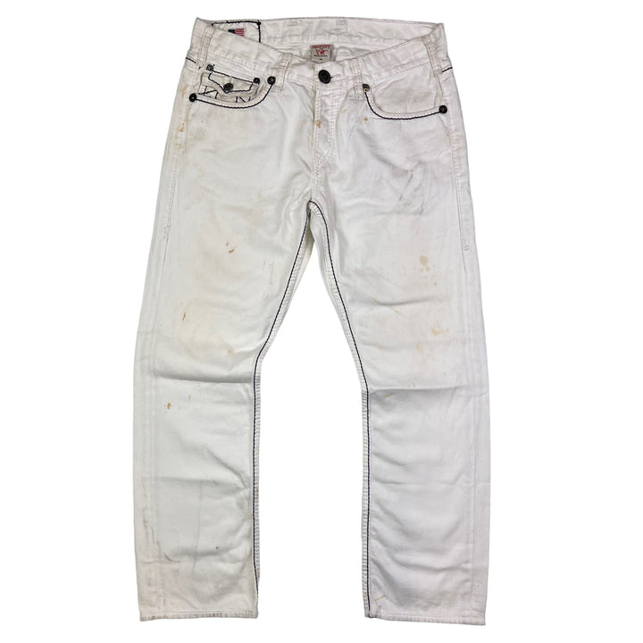 True Religion White with Black Outer Stitching Embroidered Jeans