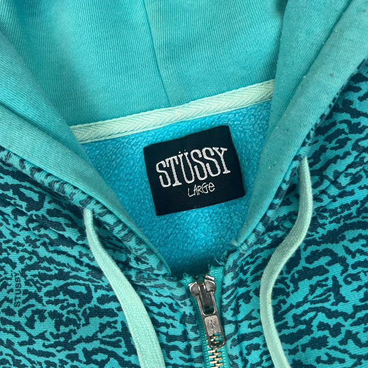 Stussy 90s Leopard Print Turquoise Hooded Sweatshirt