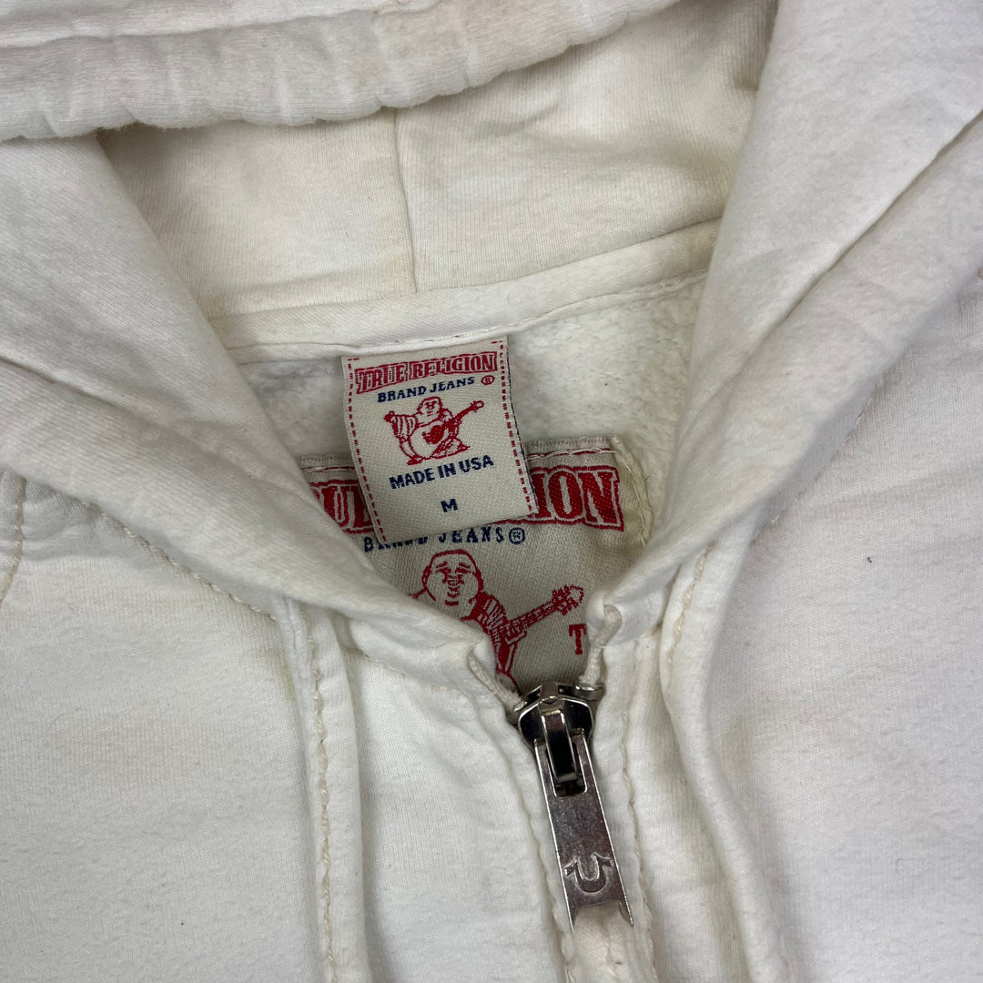 True Religion White Zip Up Hooded Sweatshirt