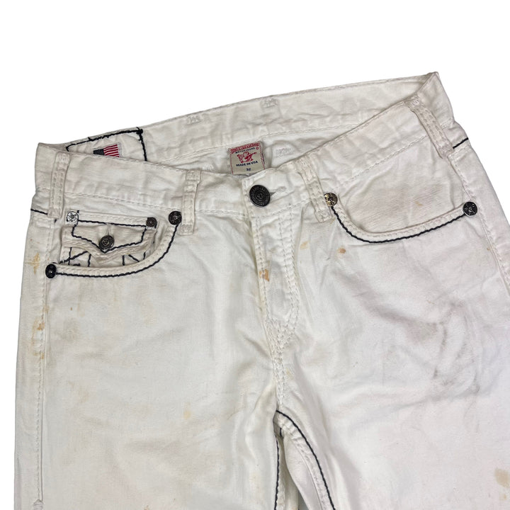 True Religion White with Black Outer Stitching Embroidered Jeans