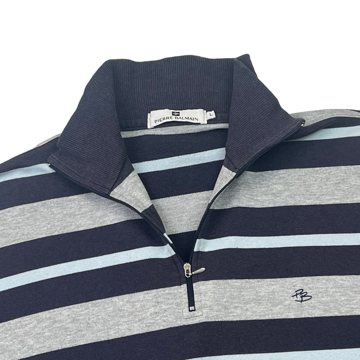 Pierre Balmain Navy & Grey Striped Quarter Zip Sweatshirt