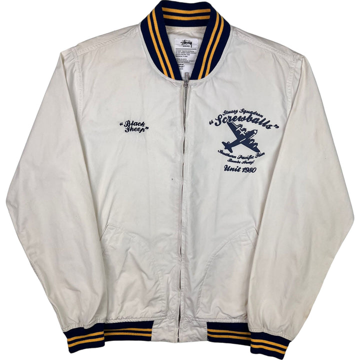 Stussy Squadron "Screwballs" Varsity Bomber Jacket Cream