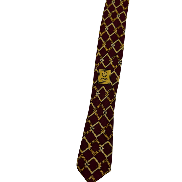 Chanel Silk Chain Pattern Tie Burgundy