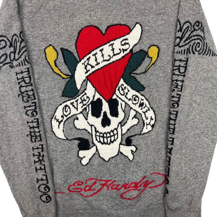 Ed Hardy Love Kills Zip-Up Hooded Wool Sweatshirt Grey