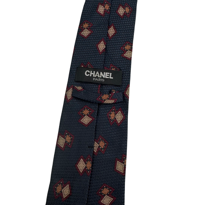 Chanel Silk Geometric Pattern Tie Navy
