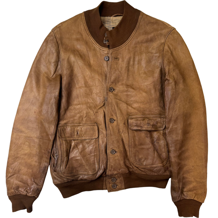 Pielini 90's Leather Button Up Bomber Jacket Brown