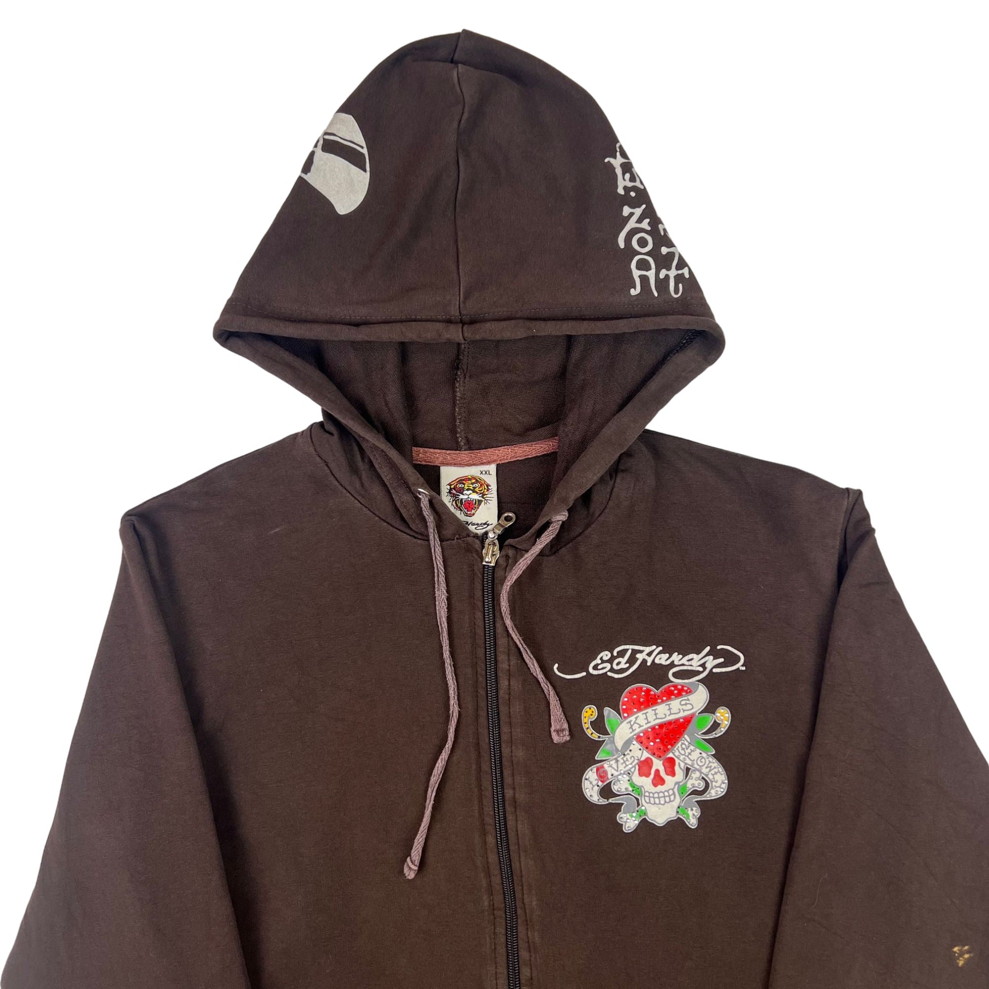Ed Hardy Embellished Zip-Up Hoodie Brown | Bring It Back