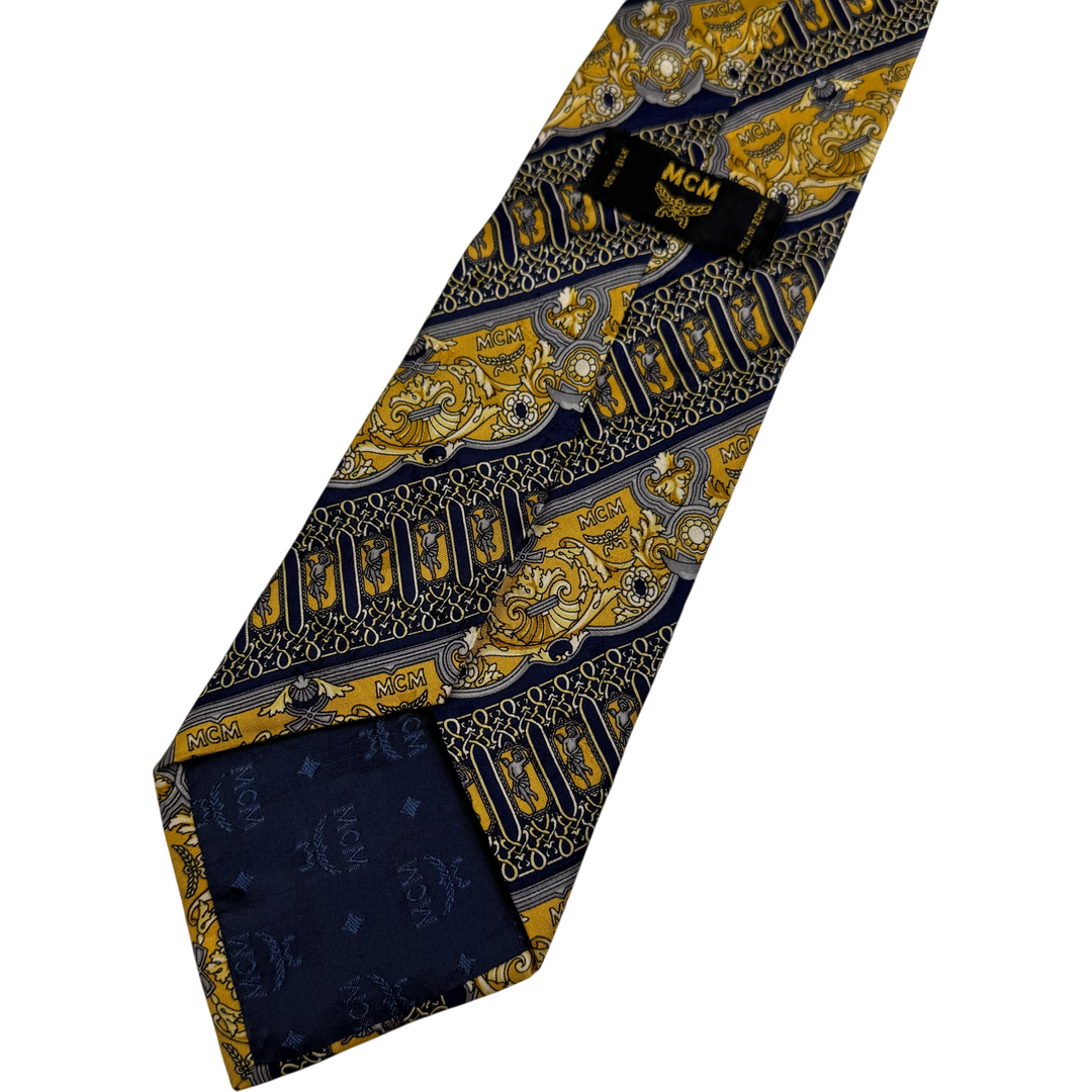 MCM Vintage Silk Patterned Tie Navy Yellow