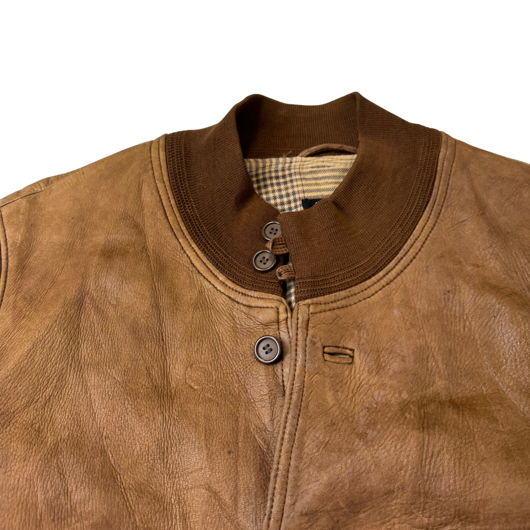 Pielini 90's Leather Button Up Bomber Jacket Brown