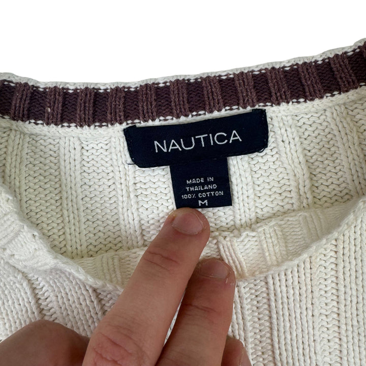 Nautica Striped Roundneck Knit Sweater White Yellow Brown