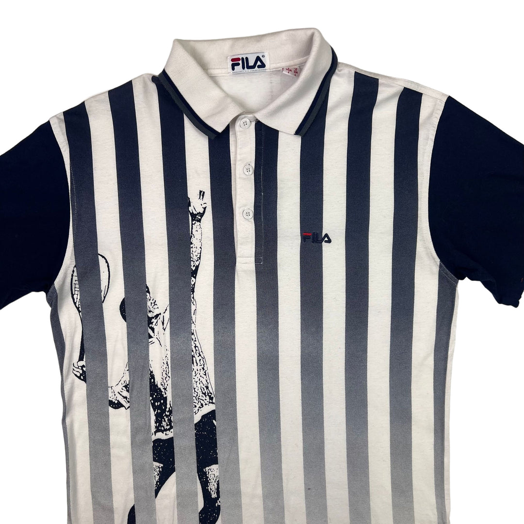 Vintage Fila Striped Tennis Polo Shirt Navy White Grey