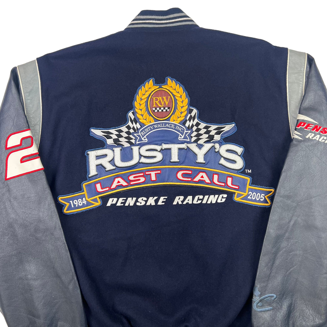 NASCAR Rusty Wallace Reversible Varsity Jacket Leather Sleeves Navy