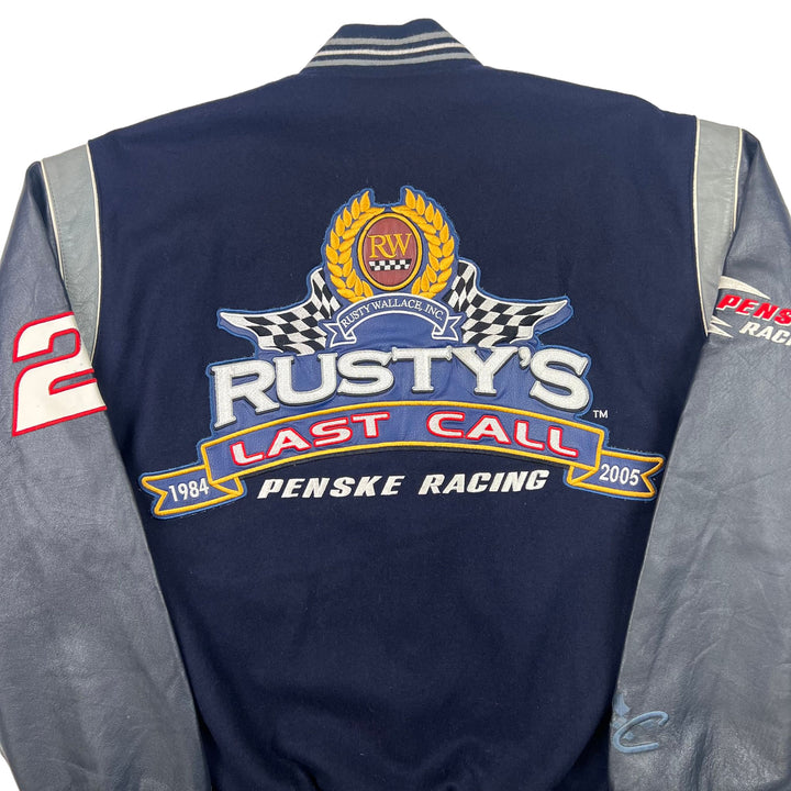 NASCAR Rusty Wallace Reversible Varsity Jacket Leather Sleeves Navy