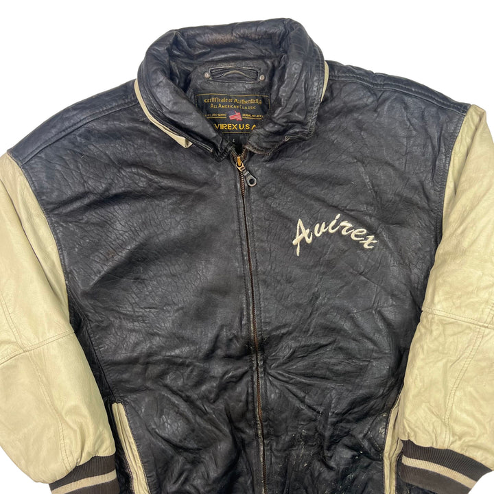 Avirex New Millennium Company Spell Out Leather Jacket Black Beige