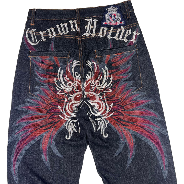 Embroidered Graphic Crown Holder Skater Jeans Navy