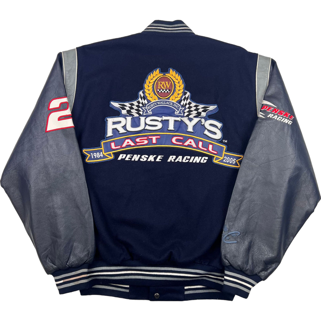 NASCAR Rusty Wallace Reversible Varsity Jacket Leather Sleeves Navy