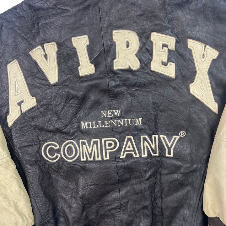 Avirex New Millennium Company Spell Out Leather Jacket Black Beige